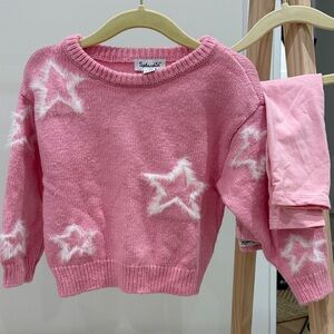Splendid Pink Sweater with fuzzy White Stars and matching pink leggings.